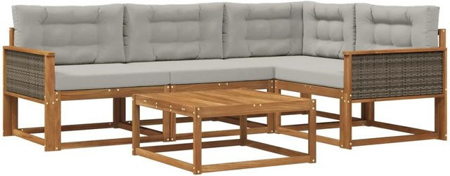 vidaXL Outdoor-Sofagarnitur L-Form aus Akazienholz mit 5 Kissen in Grau und Natur - Bild 1