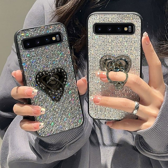 Luxus Handyhülle aus glänzendem Leder und TPU mit Love Heart Design für Samsung Galaxy S10, S10 4G, S10 5G, S10 Lite und S10 Plus in Schwarz - Bild 1