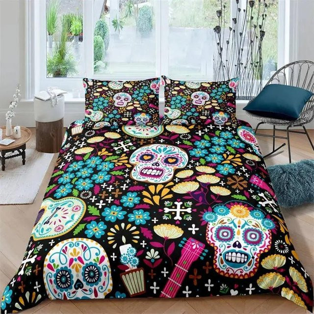 Zucker Totenkopf Bettwäsche-Set mit gotischem Skelett und floralem Design, Mehrfarbig, B/H: 172 x 218 cm - Bild 1