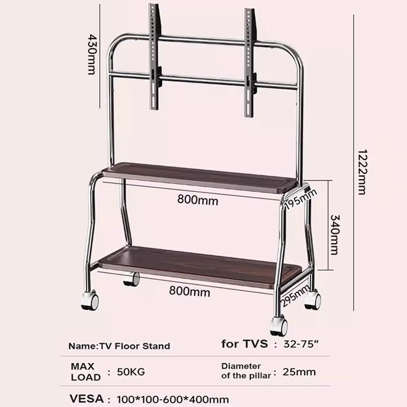 BEISHI TV-Wagen in Schwarz mit Rollen für Fernseher von 32 bis 75 Zoll, moderner Bodenständer aus Metall mit max. VESA 600 x 400 mm und einer Traglast von bis zu 50 kg - Bild 5