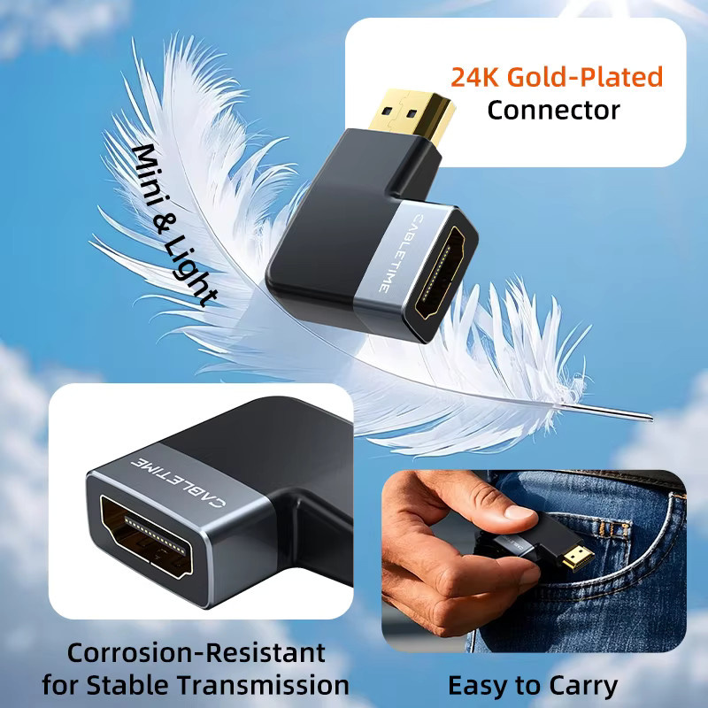 CABLETIME HDMI 2.1 Adapter Right Angle Stecker auf Buchse in Schwarz mit 8K 60Hz und 48Gbps Unterstützung für HDTV, Laptop und PS5 - Bild 5