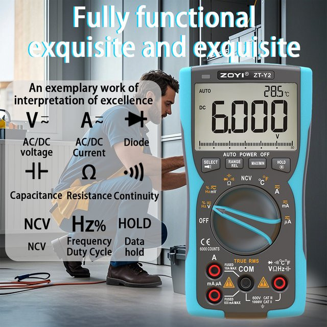 ZOYI ZY-Y2 Professionelles Digitalmultimeter in Blau für AC/DC Spannung, Strom, NCV, Kapazität, Widerstand, Hertz und Summer - Bild 1