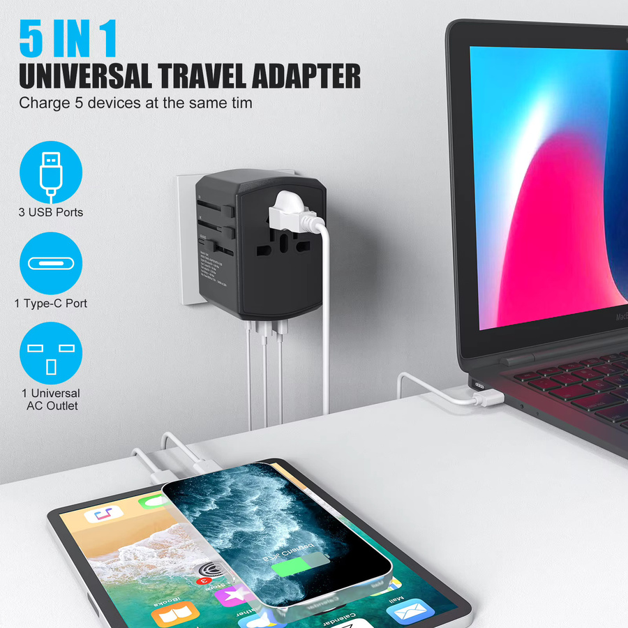 HITRENDS Globaler Universal-Reiseadapter in Schwarz mit 3 USB-A und 1 USB-C Schnellladeanschluss für EU, UK, USA, AU, Südafrika und Indien - Bild 2