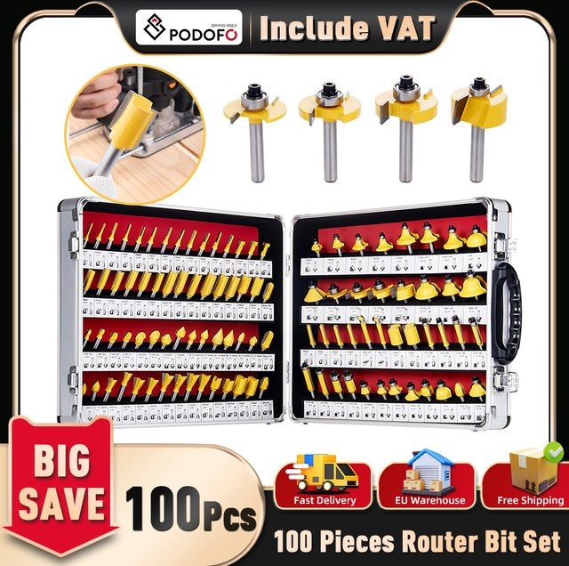 Podofo 100-teiliges Fräser-Set mit 1/4 Zoll Schaft, hartmetallbestückte Fräser für die Holzbearbeitung - Bild 1