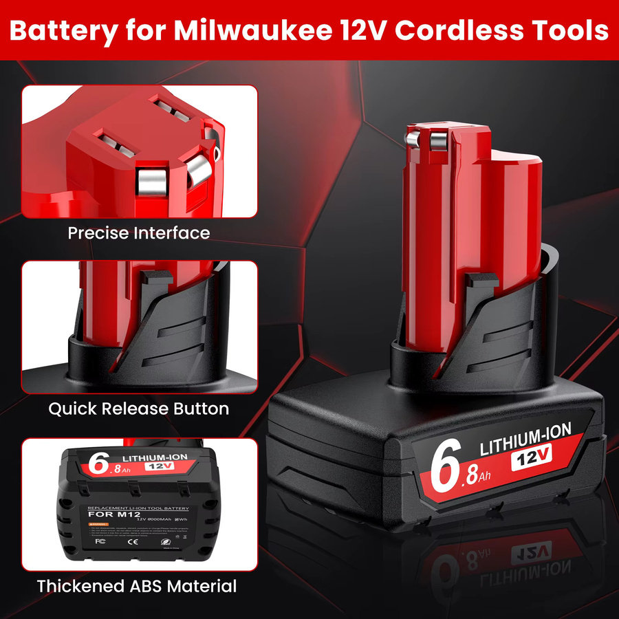 BATTOOL Li-Ion Akku 12V 6800mAh in Rot für Milwaukee M12 48-11-2402 48-11-2411 48-11-2401 MIL-12A-L - Bild 3