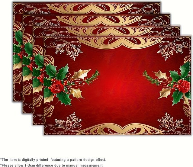 VIKAMA Weihnachtliche Tischsets mit Stechpalmenblättern, Beeren und Rosen in Rot, 4er Set - Bild 1