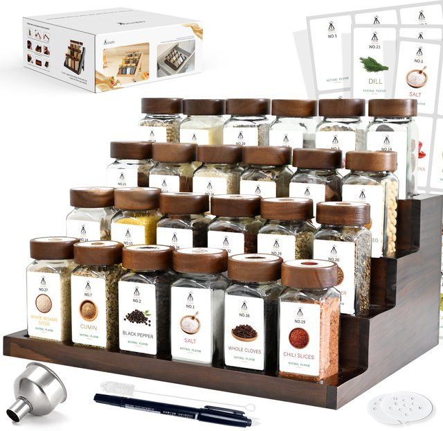 SAEIV 24-teiliges Gewürzgläser-Set aus Glas mit 4-stufigem Gewürzregal aus Akazienholz und Organizer für deine Küchenarbeitsplatte, transparent - Bild 1