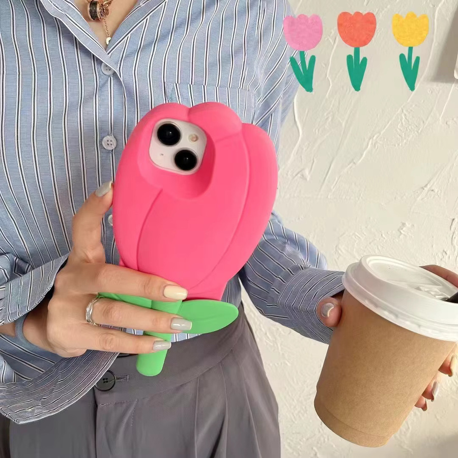 Niedliche 3D Tulpen Handyhülle aus weichem Silikon für Apple iPhone 15 14 13 12 11 Pro Max in Rosa - Bild 2