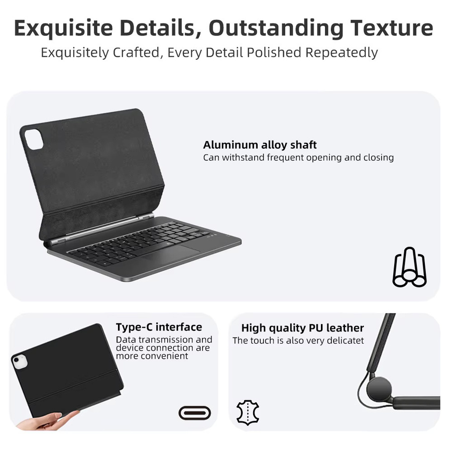 Qukam Magic Keyboard Hülle mit Hintergrundbeleuchtung und Trackpad für iPad 11, Air 4/5/6 und Pro 11/13 M4, Magnetischer schwebender Ständer, Schwarz - Bild 2