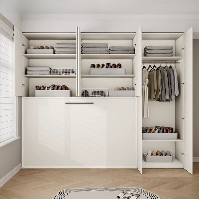 Modernes Schrankbett mit integriertem Kleiderschrank in Weiß, glänzend, Breite: 135 cm - Bild 1