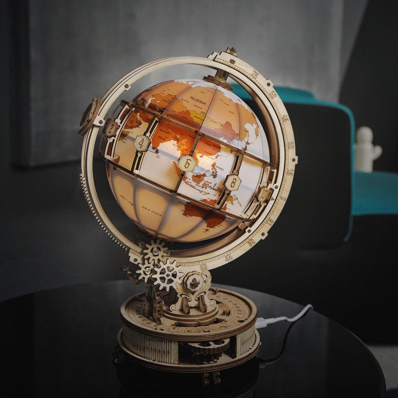 ROKR 3D Holzpuzzle Lichtgevender Globus in Braun, Modell ST003, B/T/H: 11,5 x 11,5 x 6,6 cm - Bild 8