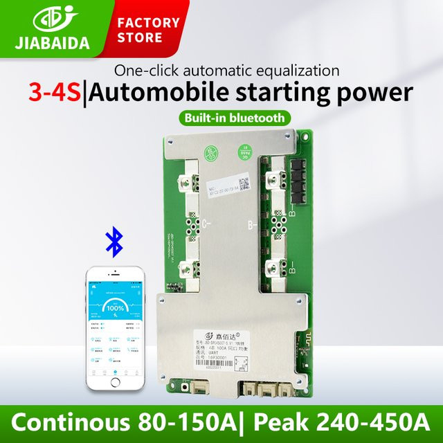 JiaBaiDa Smart BMS Batterieschutzplatine mit Bluetooth und UART-Heizungsserie für 3S 4S 12V (60A bis 150A) in Grün - Bild 1