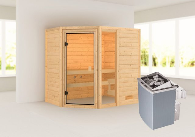 Karibu Massivholzsauna Jada aus nordischer Fichte mit 9,0 kW Ofen und integrierter Steuerung, Farbe Natur - Bild 1