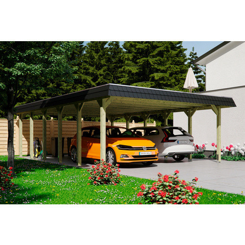 Skan Holz Doppelcarport Spessart Walmdach in Grün mit Regenrinne und Pfostenankern B/T: 585 x 893 cm - Bild 5