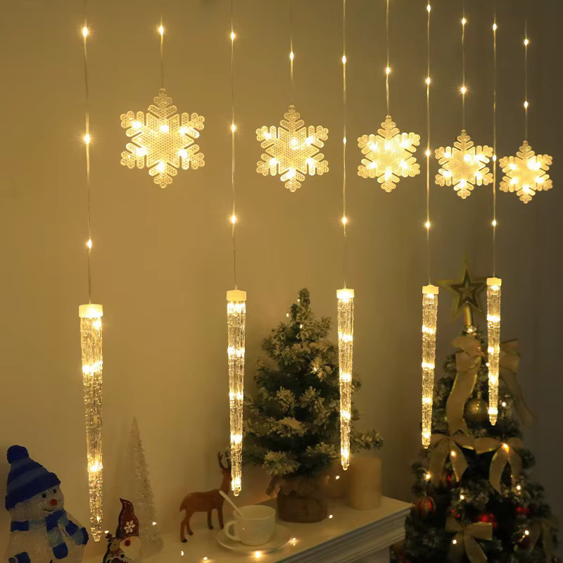 Feimefeiyou Weihnachtsbeleuchtung als Lichtervorhang mit Schneeflocken und Sternen, USB-Betrieb, 8 Modi und Fernbedienung - Bild 3