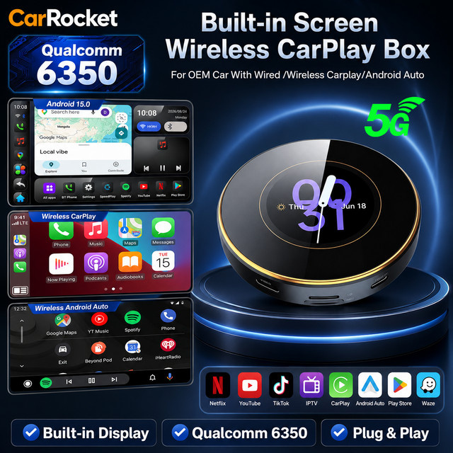 CarRocket Android 15.0 CarPlay AI Box 5G Lite mit 8GB RAM und 128GB ROM, Qualcomm 6350 8-Kern Multimedia-Videobox für kabelloses CarPlay und Android Auto, Schwarz - Bild 1
