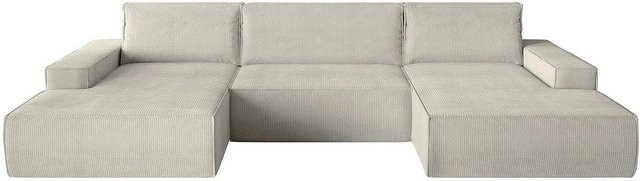 Vente-unique Schlafsofa Amelia in Beige mit Cord-Bezug und Armlehnen - Bild 1