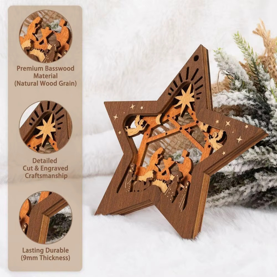 Handgefertigter Weihnachtsbaumschmuck aus Holz in Sternform als Krippen-Dekoration, Farbe Braun - Bild 2