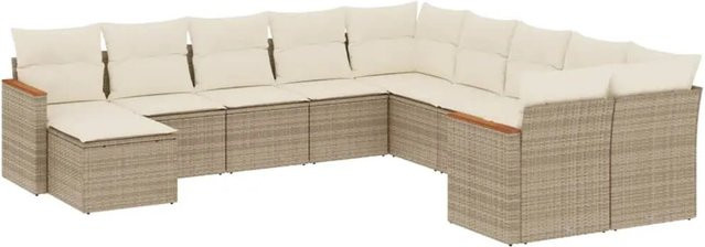 vidaXL 11-tlg. Garten-Sofagarnitur in L-Form aus Poly-Rattan und Akazienholz mit Kissen in Beige-Creme - Bild 1
