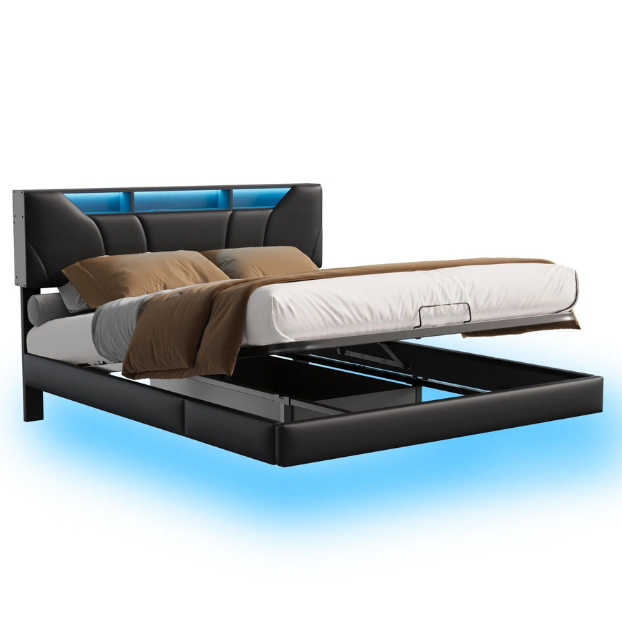 PXloue Polsterbett mit LED, Stauraum und USB-Anschluss in Schwarz aus Kunstleder, B/T: 160 x 200 cm - Bild 2