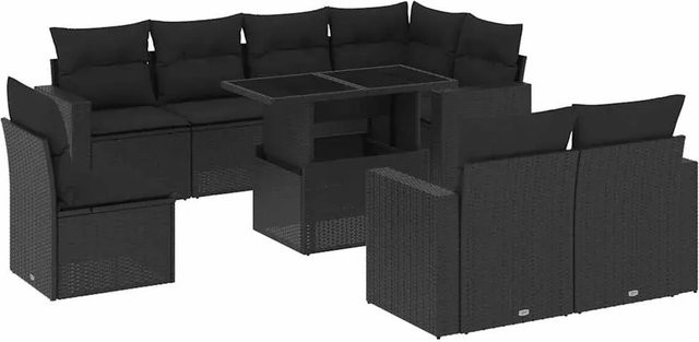vidaXL 9-teilige Garten-Sofagarnitur in L-Form aus schwarzem Poly-Rattan mit Kissen und pulverbeschichtetem Stahlgestell - Bild 1
