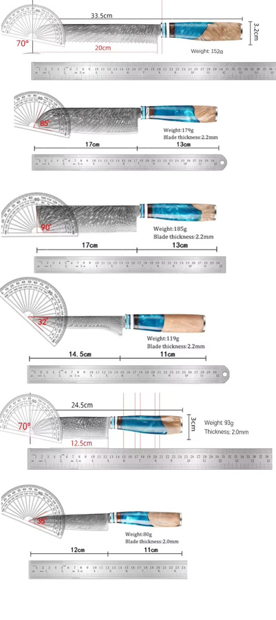 WXCOO Professionelles Küchenmesser-Set aus VG10-Damaststahl mit blauem Harzgriff inklusive Kochmesser, Obstschäler, Fleischbeil und Ausbeinmesser - Bild 4