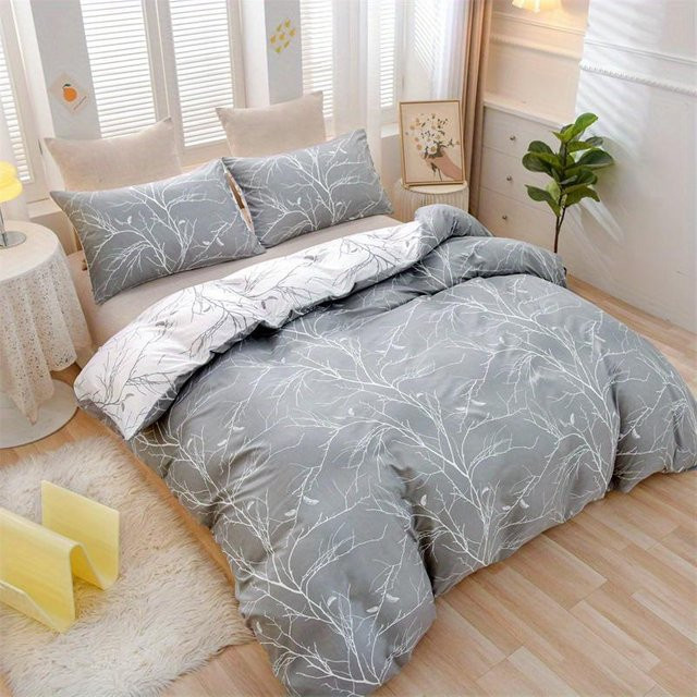 Lodestar 3-teiliges Bettwäsche-Set mit botanischem Zweigdruck in Grau und Weiß, Microfaser, B/H: 135 x 200 cm - Bild 1