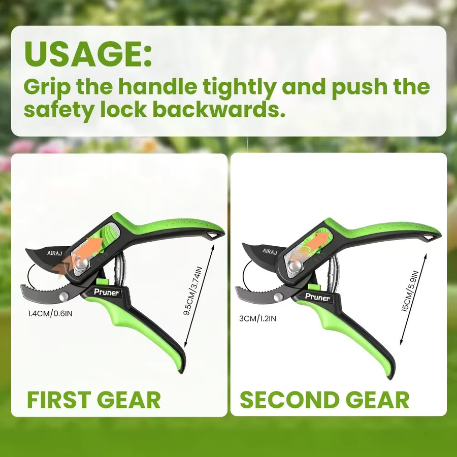 AIRAJ Gartenschere mit Sk5 Trimmer Blade, Dual Adjustment für Totholz und lebende Äste, Farbe: Grün - Bild 5