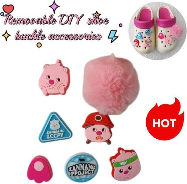 Pororo, Niedlicher kleiner Biber, pinkfarbener Fellball, Lochschuh-Blumen-Accessoires, kreative DIY-Schuhschnalle, abnehmbare Accessoires - Bild 1