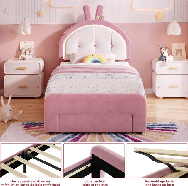 Simurq Gepolstertes Kinderbett Prinzessinnenbett aus Samt in Rosa mit verstellbarem Kopfteil und Lattenrost, B/T/H: 90 x 200 cm - Bild 1