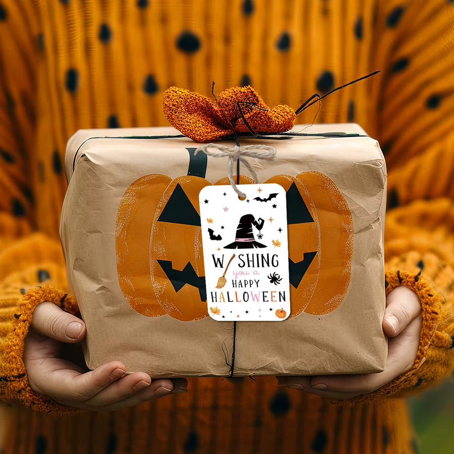 50 Stück Halloween-Geschenketiketten aus Papier mit Hanfseil im Design von Hexenhüten und Kürbissen zur DIY-Verpackungsdekoration - Bild 4