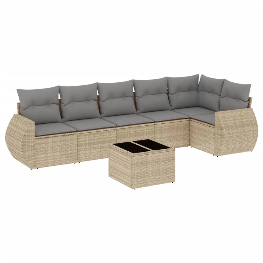 vidaXL 7-teilige Garten-Sofagarnitur in L-Form aus beige farbenem Poly-Rattan mit wetterfesten Kissen und pulverbeschichtetem Stahlgestell - Bild 2