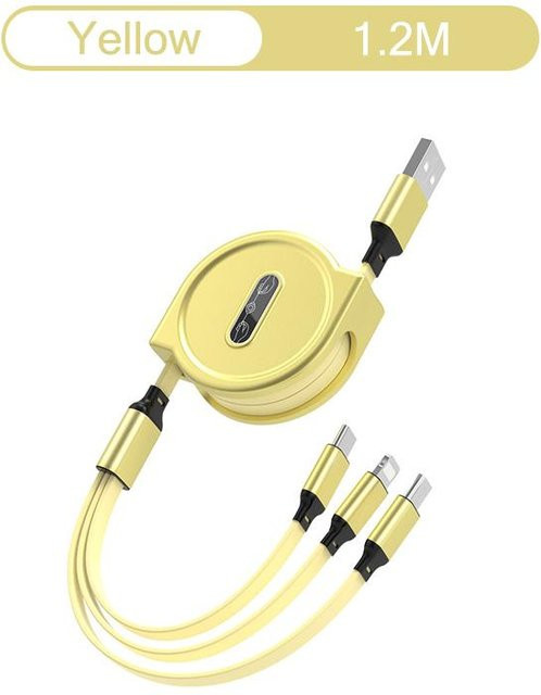 Y.Better 3 in 1 Ausziehbares USB-Schnellladekabel mit Micro-USB, USB-C und Lightning Anschlüssen in Gelb - Bild 1
