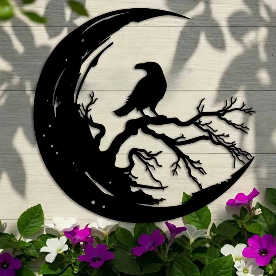 CIFBUY Raven Moon Metall-Wandkunst, gotische Aluminiumskulptur in Schwarz, Durchmesser: 40 cm - Bild 2