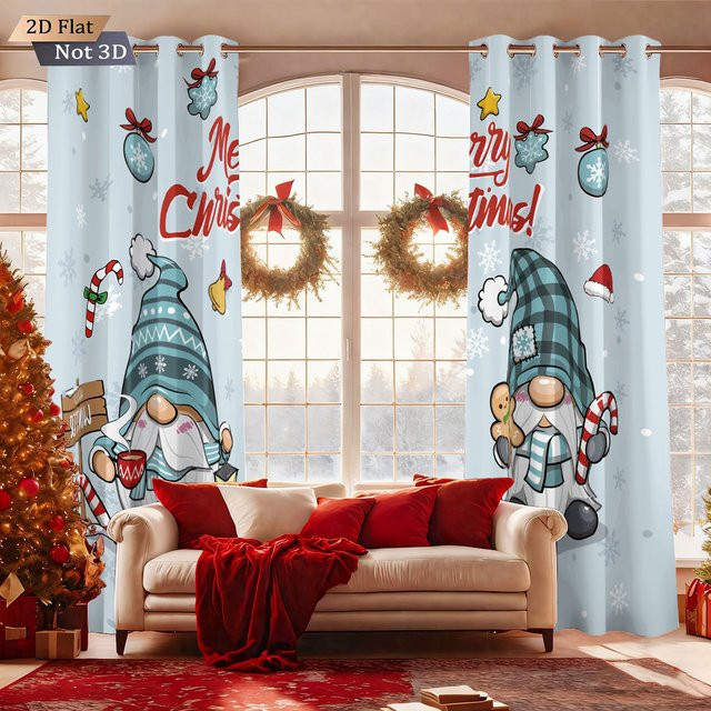 2er-Set Verdunkelungsvorhänge Frohe Weihnachten mit blauem Kobold-Druck, Stoffpaneele mit Ösen zur Isolierung für dein Wohnzimmer - Bild 1