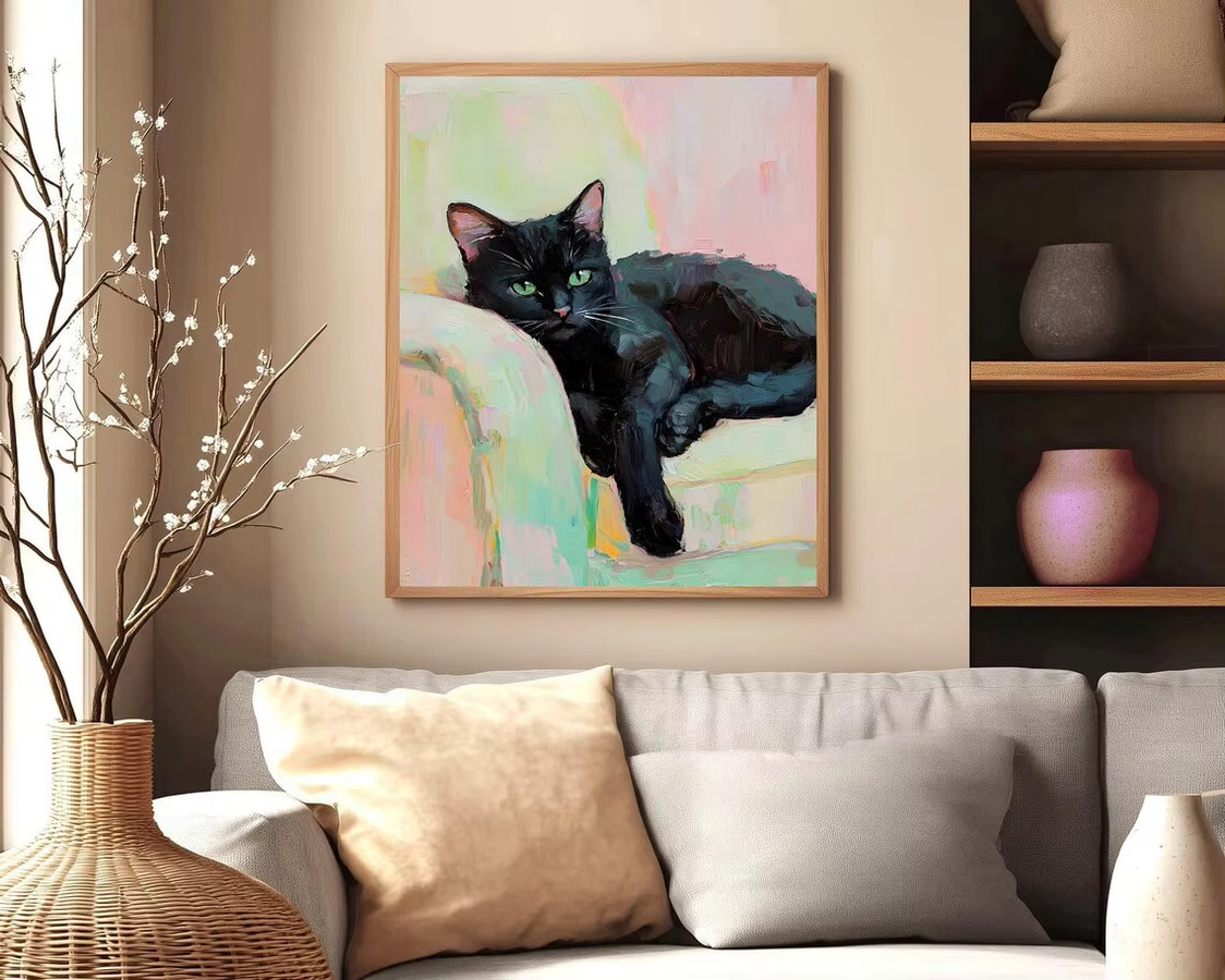 Impressionistischer Wanddruck von SHENCHEN mit schwarzer Katze und grünen Augen als strukturiertes Ölgemälde auf Papierposter in Schwarz und Multicolour - Bild 4