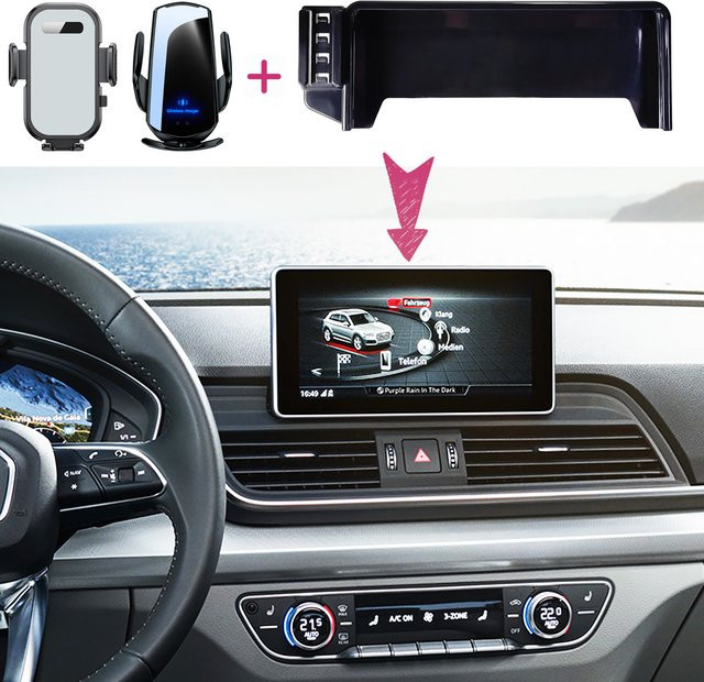 Autotelefonhalter für Audi Q5 und SQ5 ab Baujahr 2018 mit kabelloser Schnellladefunktion und fester Basis für das Bildschirmpanel in Schwarz - Bild 1