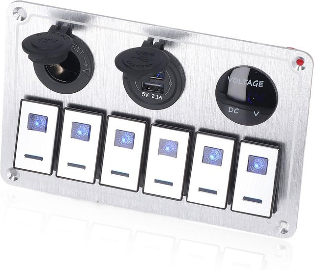 VehicleKit 6-fach Kippschalter Panel mit blauer LED-Leuchte und Dual USB Ladeanschluss 2,1A aus Aluminiumlegierung in Schwarz - Bild 1