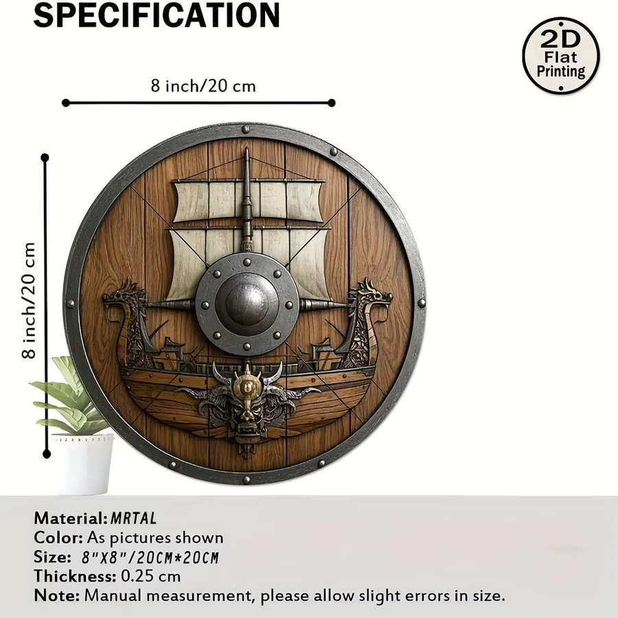 CIFBUY Wikinger-Schild Wandkunst aus Metall, Rustikale Runde Drachen-Krieger Heimdekoration in Braun, Durchmesser: 20 cm - Bild 2