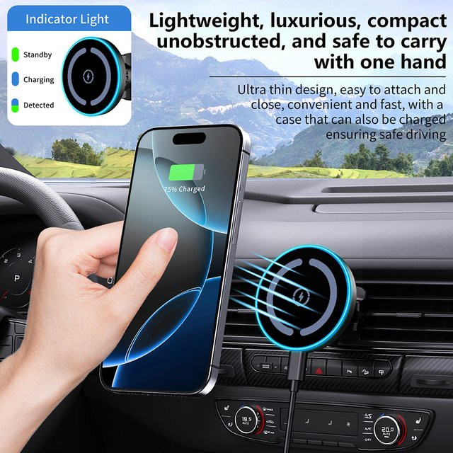 Magnetisches kabelloses Auto-Ladegerät mit LED-Licht und Lüftungshalterung für iPhone 12 bis 17 Pro Max, Schnelle Ladestation für iOS, Schwarz oder Grau - Bild 1