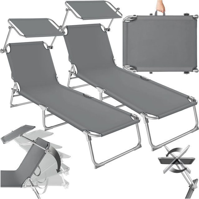 tectake 2er Set Gartenliege klappbar mit Sonnendach und verstellbarer Rückenlehne Grau B/T/H: 190 x 68 x 28 cm - Bild 1