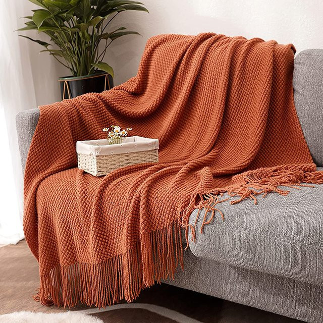 Rust Gift Nordische Strickdecke in Orange mit Quasten, weiche Plaid-Reisedecke für Bett und Sofa, B/B/H: 172 x 127 x 1 cm - Bild 1