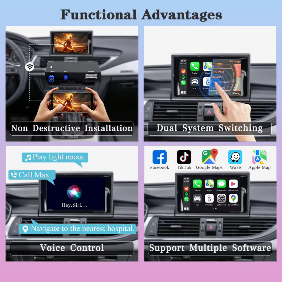 AUTOTOP Drahtloses CarPlay und Android Auto Interface für Audi A6 C6 A7 HN HNR BNav HNav RMC MHI2 mit MirrorLink, Airplay und Rückfahrkamera in Schwarz und Grau - Bild 4