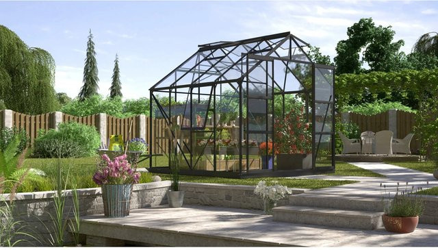 Vitavia Gewächshaus Jupiter 6700 mit Vorzugsset in Schwarz aus Aluminium und ESG-Glas mit Doppelschiebetür, 2 Dachfenstern, 1 Seitenfenster und Regenrinnen - Bild 1