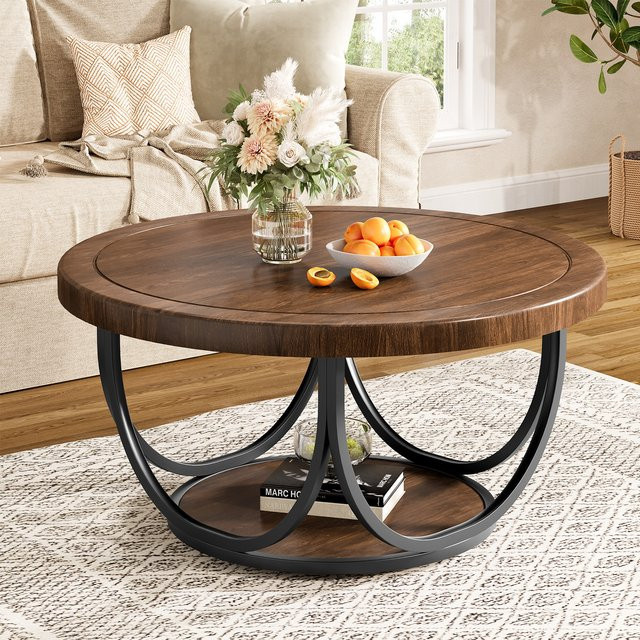 Tribesigns Runder Couchtisch im Industrial Design mit 2 Ebenen, Holz-Akzent und Metallgestell, Braun/Schwarz, Durchmesser: 80 cm - Bild 1