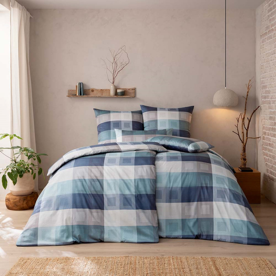 Estella Schweizer Premium Mako-Satin Bettwäsche Armando navy Karo blau, Bettbezug 135 x 200 cm und Kissenbezug 80 x 80 cm - Bild 1