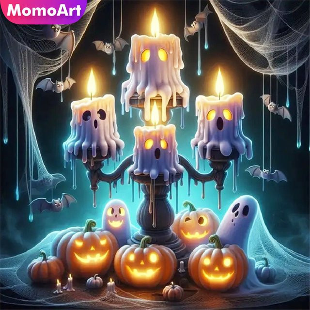 Momoart DIY Halloween Diamantmosaik-Set Kürbis Landschaft mit Rund-Strass-Malerei in Mehrfarbig - Bild 1