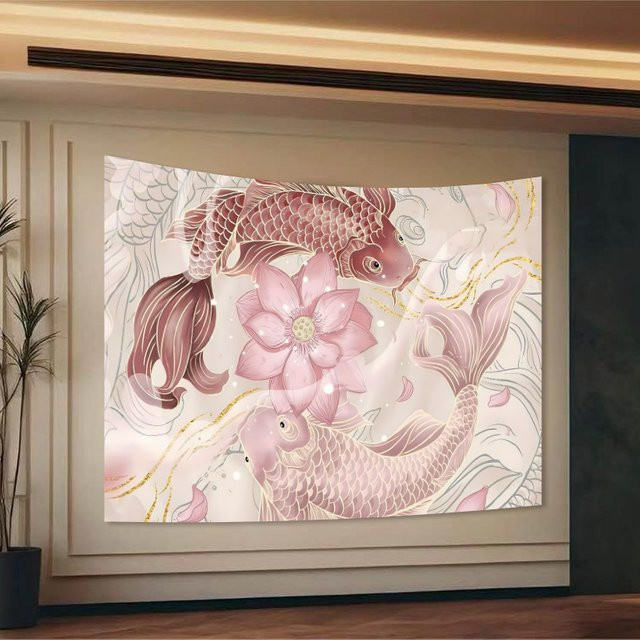 VIKAMA Wandteppich mit Koi-Fischen und Lotusblumen in Rosa und Gold, orientalischer Textildruck für Wohnzimmer und Teeraum, Breite: 100 cm, Höhe: 60 cm - Bild 1