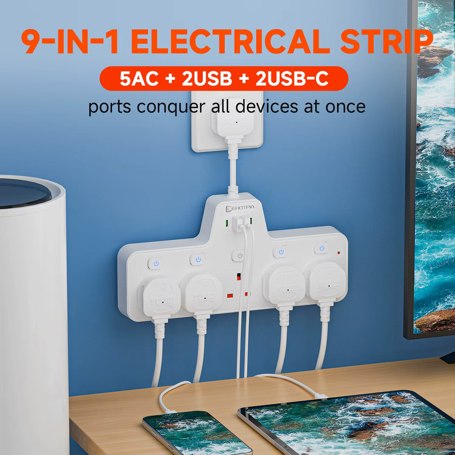 Lehotpia Steckdosenleiste mit Netzwerkfilter und USB-C Schnellladeadapter, 2500 W, Weiß, Wandmontage mit unabhängigen Schaltern - Bild 2