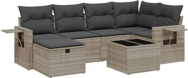 vidaXL 7-teilige Garten-Sofagarnitur in L-Form mit Kissen und Couchtisch, Hellgrau, Poly Rattan und Metallrahmen - Bild 1